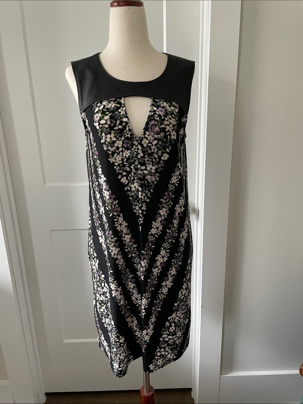 BCBGMaxAzria Black Floral Faux-Leather Yoke Midi Dress